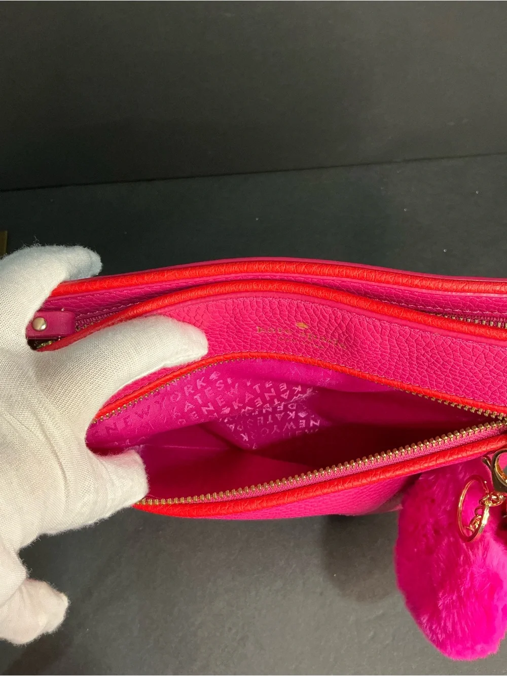 kate spade Hot Pink Pebbled Leather Crossbody with Pom Charm